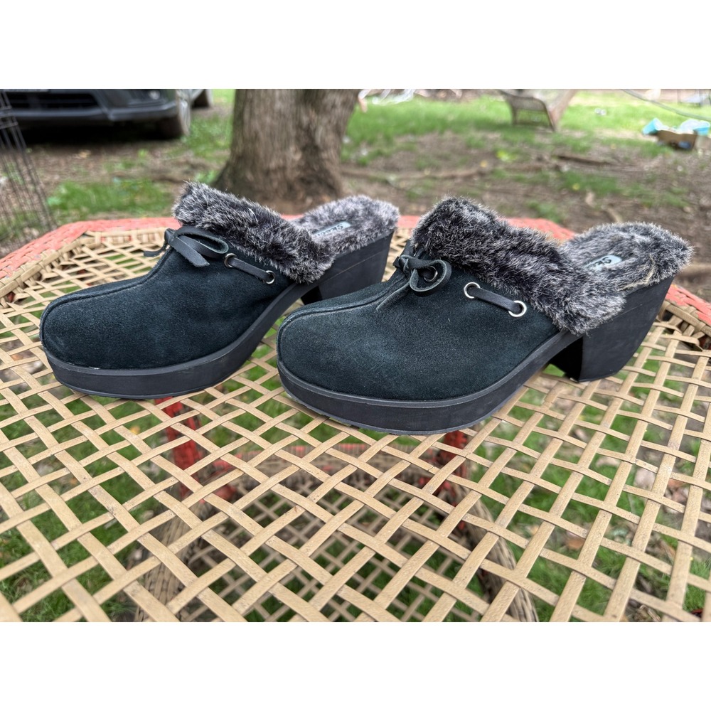 Skechers‎ Platform Mules Womens Black Suede Faux Fur Trim Chunky Y2K Clogs. 8.5